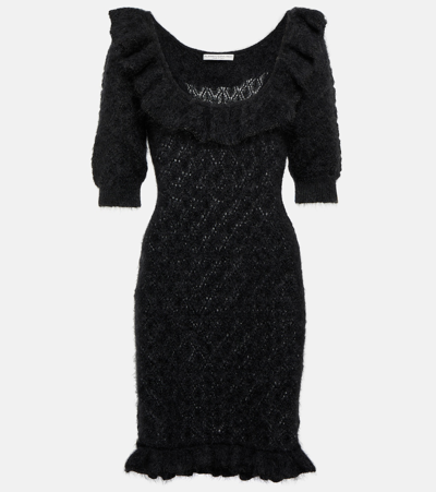 Alessandra Rich Embroidered Mohair-blend Minidress In Black