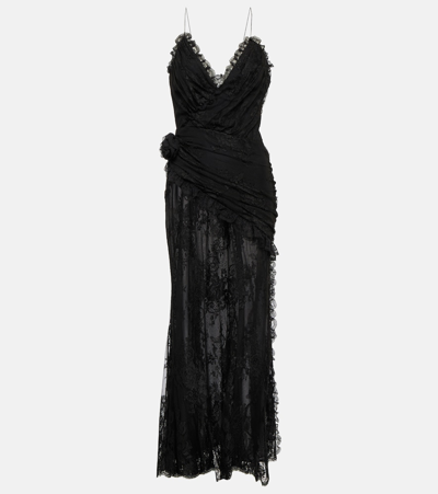 Alessandra Rich Floral-appliqué Lace Maxi Dress In Black