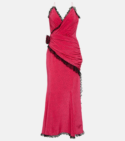 Alessandra Rich Floral-appliqué Silk Maxi Dress In Pink