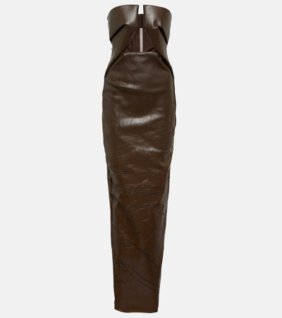 Rick Owens Strapless Coated Denim Gown In Brown