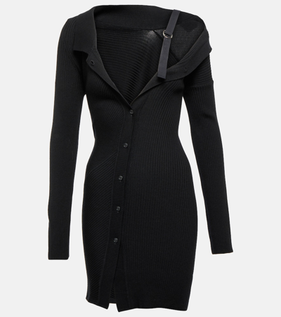 Jacquemus Colin Asymmetric Ribbed Wool-blend Mini Dress In Black