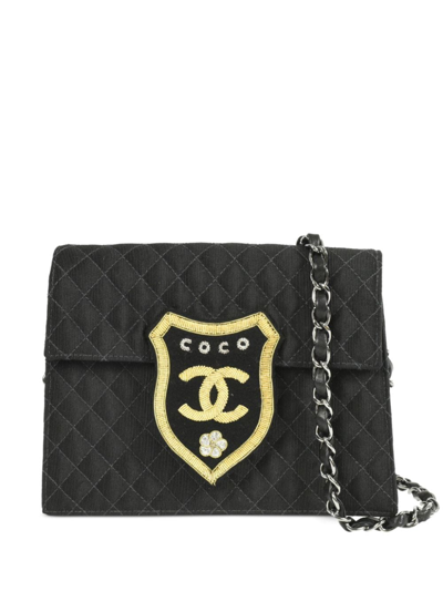 Pre-owned Chanel 2004-2005 Coat Of Arms Patch Flap Shoulder Bag In Black