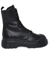 Hogan H619 Black Leather Combat Boots In Black