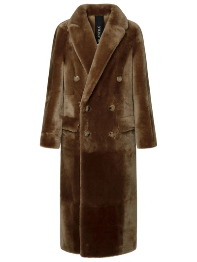 Blancha Brown Double-breasted Shearling Coat With Peak Revers