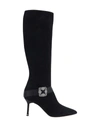 Manolo Blahnik Pliniahi 70 Embellished Satin-trimmed Suede Knee Boots In Blck