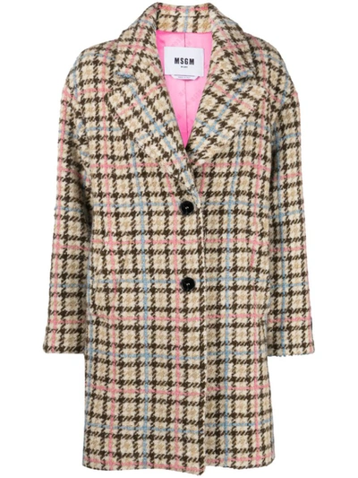 Msgm Check Coat In Beige