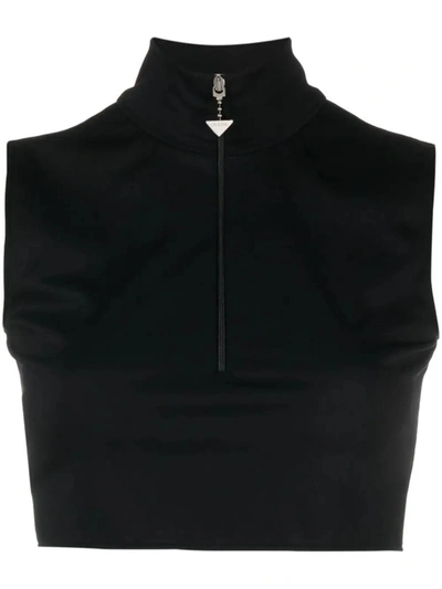 Prada Half Zip Sleeveless Crop Top In Nero