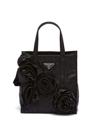 Prada Black Mini Floral Appliqué Tote Bag In Nero
