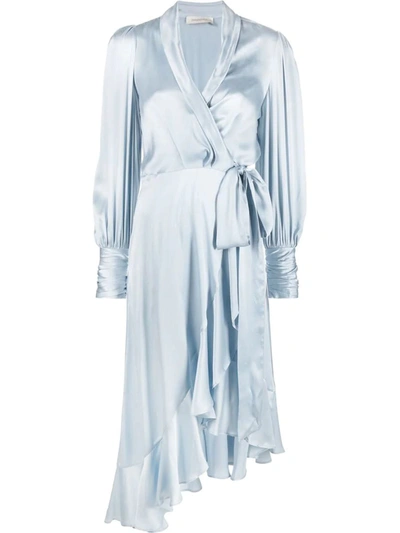 Zimmermann Ruffled Asymmetric Silk-satin Wrap Dress In Blue