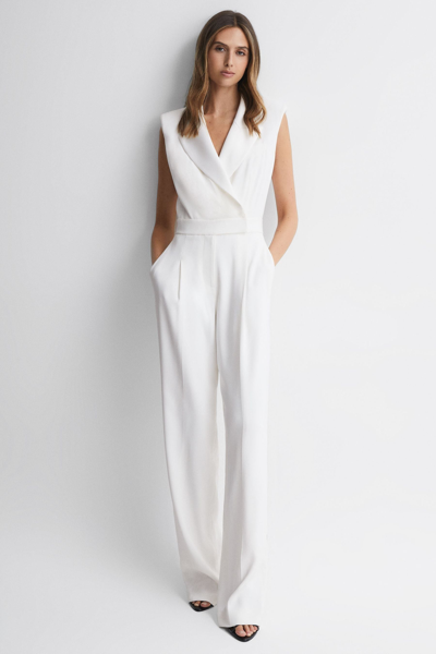 Reiss Saskia Shawl-lapel Straight-leg Woven Jumpsuit In Ivory