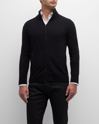 Neiman Marcus Men's Recycled Cashmere Full-zip Jumper In Black