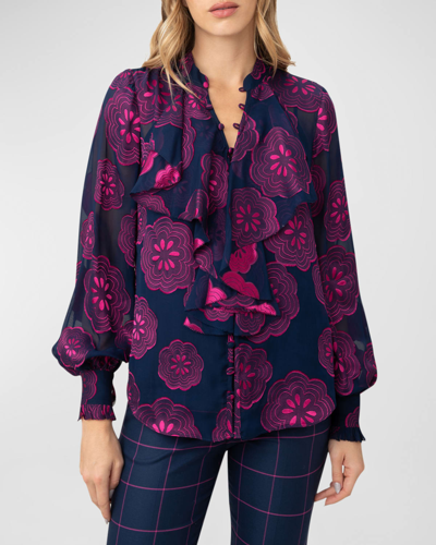 Trina Turk St Marks Ruffle-front Floral Jacquard Top In Ink Trina Pink