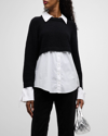 CINQ À SEPT NELIDA LONG-SLEEVE COLLARED COMBO KNIT TOP