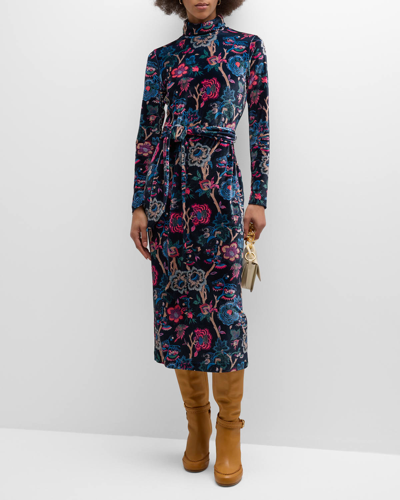 Cara Cara Piper Velvet Belted Turtleneck Midi Dress In Black Baroque Floral