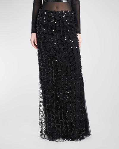 Alberta Ferretti Sequin Check Embroidered Silk Maxi Skirt In Black