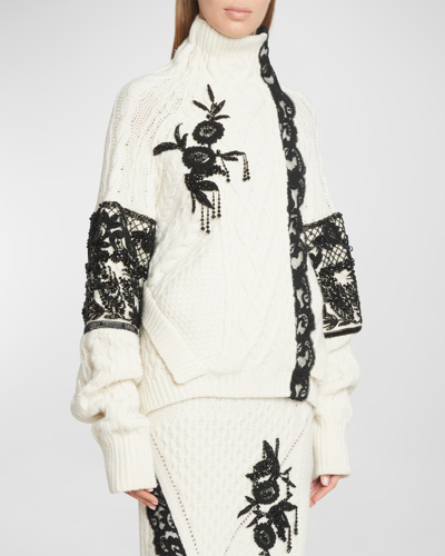 Erdem Embroidered Wool-blend Cable Knit Sweater In Cream