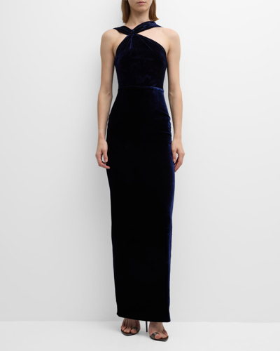 Roland Mouret Asymmetric Halterneck Velvet Gown In Blue