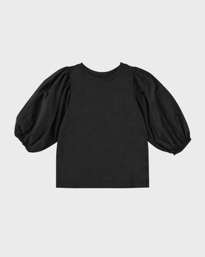 Dl1961 Kids' Kayla Puff Sleeve Cotton Top In Black