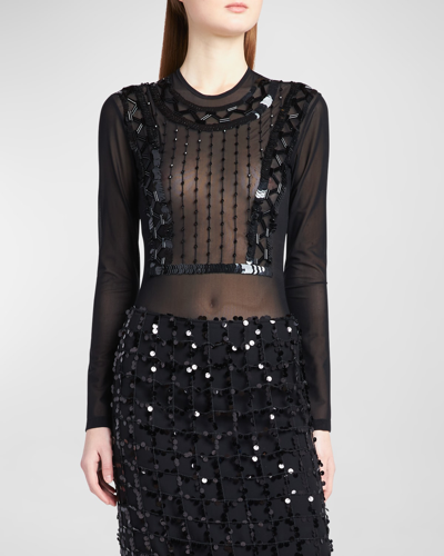 Alberta Ferretti Embellished Long-sleeve Mesh Bodysuit In Black