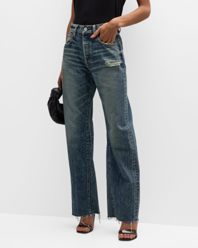 Moussy Vintage Vellflower Straight Tapered Distressed Jeans In Blu