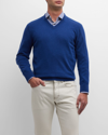 Neiman Marcus Men's Cashmere V-neck Sweater In Bright Blue