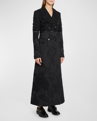 Erdem Floral Jacquard Embellished Long Double-breasted Coat In Black