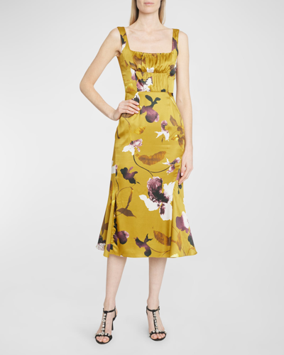 Erdem Floral-print Fluted Hem Midi Dress In Gold