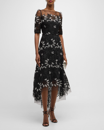 Rickie Freeman For Teri Jon High-low Floral Lace Midi Dress In Black Whit