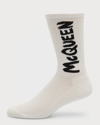 Alexander Mcqueen Men's Graffiti Logo Socks In White/black