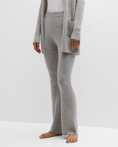 Neiman Marcus Cashmere Ribbed Straight-leg Lounge Pants In Pearl Grey