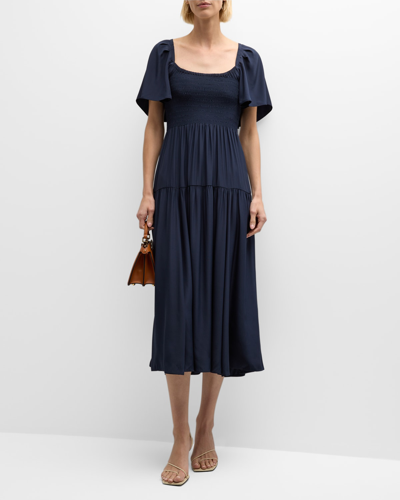 La Ligne Smocked-waist Silk Midi Dress In Navy