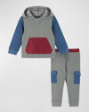 Andy & Evan Little Boy's & Boy's 2-piece Double Peached Colorblock Hoodie & Joggers Set In Clrblk Grey