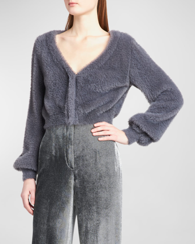Alberta Ferretti Fuzzy Knit Crop Cardigan In Grey