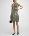 ST JOHN SLEEVELESS ORGANZA-TRIM METALLIC SLUB PAILLETTE PLAID KNIT DRESS