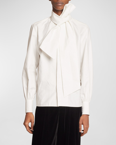 Saint Laurent Men's Solid Dress Shirt With Neck Bow In White