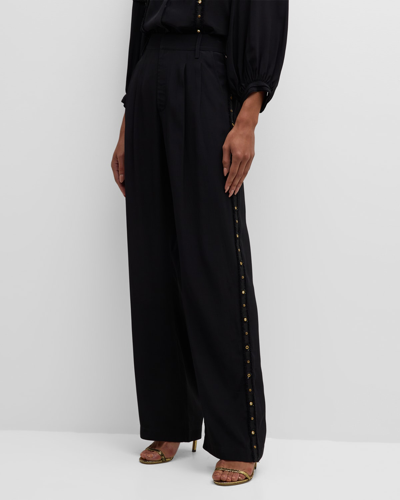 Figue Hadley Embellished Tuxedo-stripe Straight-leg Pleated Pants In Black