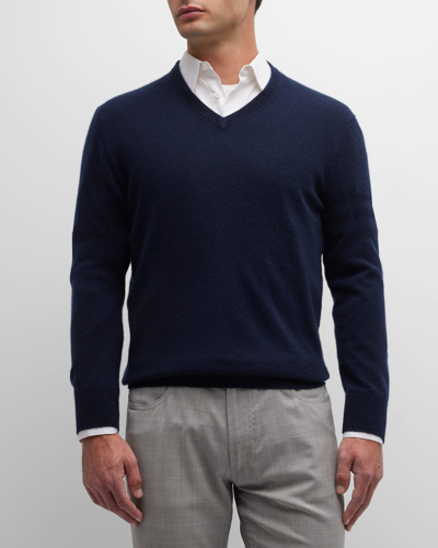 Neiman Marcus Men's Cashmere V-neck Sweater In Navy