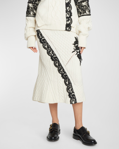 Erdem Embroidered Wool-blend Cable Knit Midi Skirt In Ivory