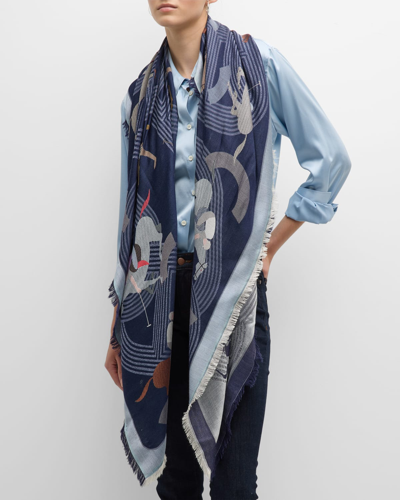 Rani Arabella Race Track Print Silk-wool Scarf In Navy