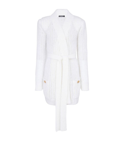 Balmain Sequined Mohair Belted Cardigan In White