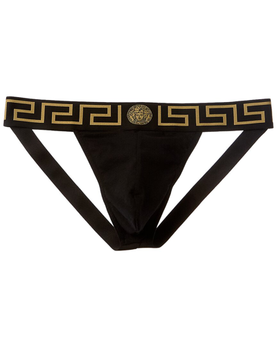Versace Stretch Cotton Jock Strap With Medusa Greca Logo In Black Gold