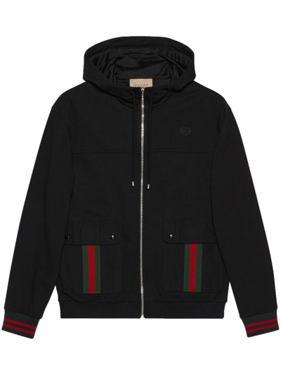 Gucci Web Stripe-trim Cotton-jersey Hoodie In Black