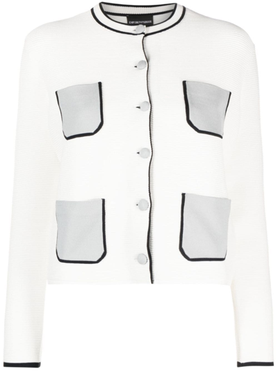 Emporio Armani Contrasting-pockets Ribbed Cardigan In White