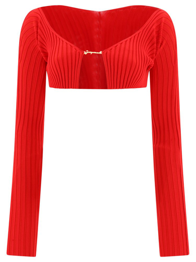 Jacquemus Ribbed Knit Cropped Cardigan In Red