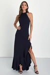Lulus Majestic Perfection Navy Blue Ruffled Halter Maxi Dress In Navy Blue