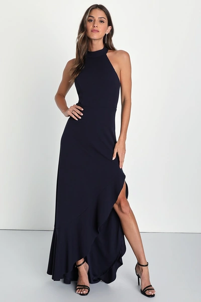 Lulus Majestic Perfection Navy Blue Ruffled Halter Maxi Dress