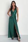 Lulus Perfect Refinement Emerald Satin Sleeveless Pleated Maxi Dress In Green