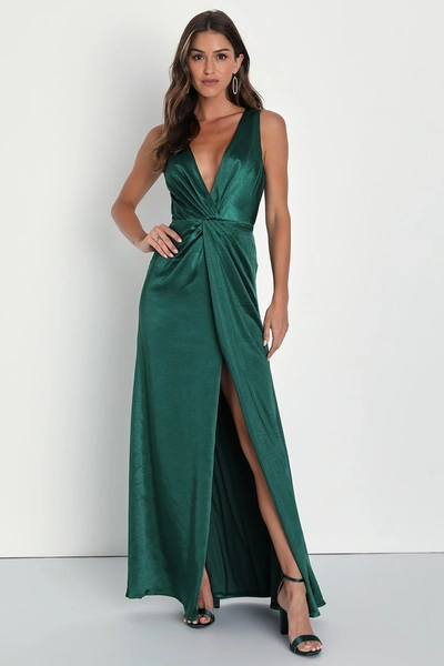 Lulus Perfect Refinement Emerald Satin Sleeveless Pleated Maxi Dress In Green