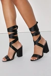 LULUS ALTA BLACK SATIN LACE-UP HEELS