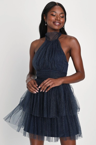 Lulus Sweet Magic Navy Blue Glitter Tiered Tulle Halter Mini Dress